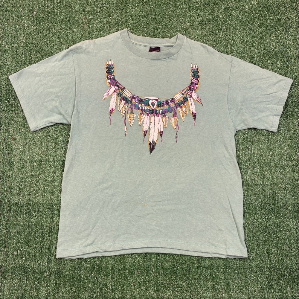 Vintage 90s Diamond Dust Sage Green Tribal Feather Graphic Tee